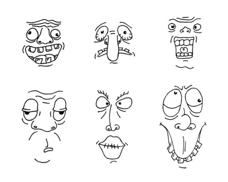 Ugly man face drawing sketch set. Hand drawn outline doodle cartoon freak character grimace collection. Different crazy person portrait avatars. Vector eps illustration