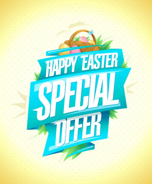Happy Easter special offer, sale poster holiday design with ribbons and basket