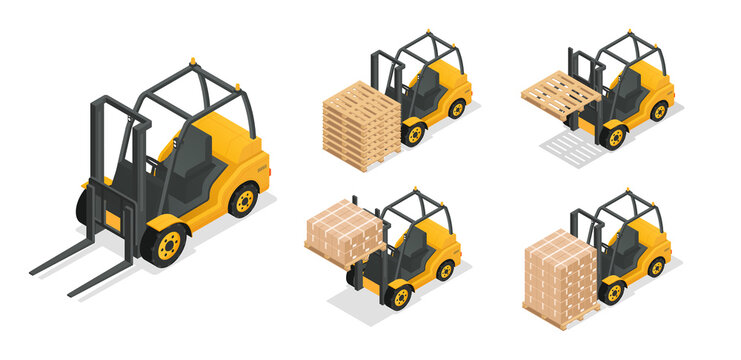 Set of forklift trucks. Stickers with vehicles for loading, lifting and moving cargo and boxes. Design elements for website or app. Cartoon isometric vector collection isolated on white background