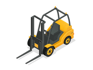 Forklift for raising and transporting goods concept. Vehicle for working in warehouse and transporting large and heavy loads. Design element for websites and app. Cartoon isometric vector illustration