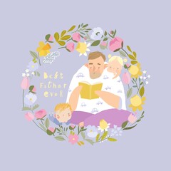 Cute Cartoon Father wearing Pajamas reading Book with His Children