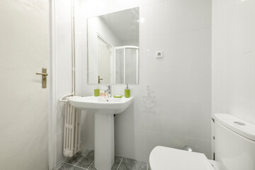 Bathroom with matching pedestal white porcelain sink, square frameless mirror and cast iron radiator