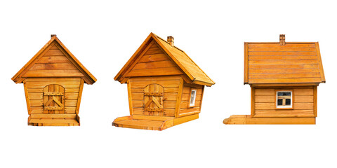 Isolated wooden house, 3 views. Wooden hut for birds or small animals.