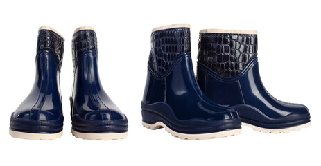 Isolated dark blue gumboots for rainy weather, front and angle view.