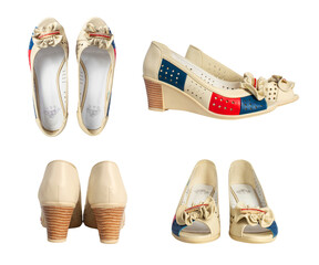 Isolated tricolor leather wedge shoes for women, different angles views.