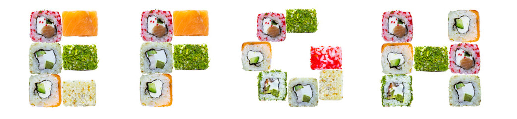 Letters E, F, G, H made from sushi