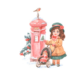 A girl with a Christmas letter near a red mailbox on a winter day is painted in watercolor.