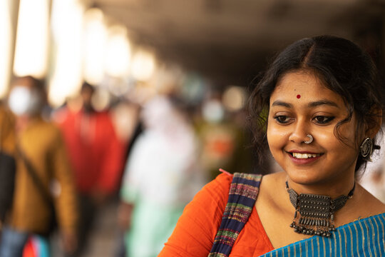 Young Indian girl wearing traditional dress at outdoors