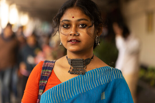 Young Indian girl wearing traditional dress at outdoors