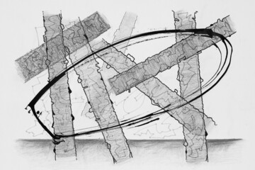 A pen, ink and pencil drawing; an abstraction.
