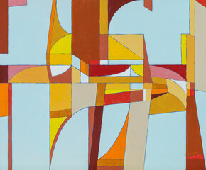 An abstract painting, warm colours, hard edged.