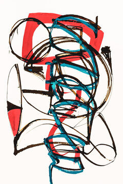 A calligraphic abstract painting; with red and turquoise watercolor wash.