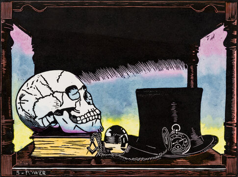 A woodcut print, hand painted with watercolour.
