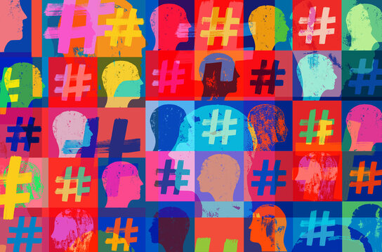 Grunge Pattern with Hashtags and Heads
