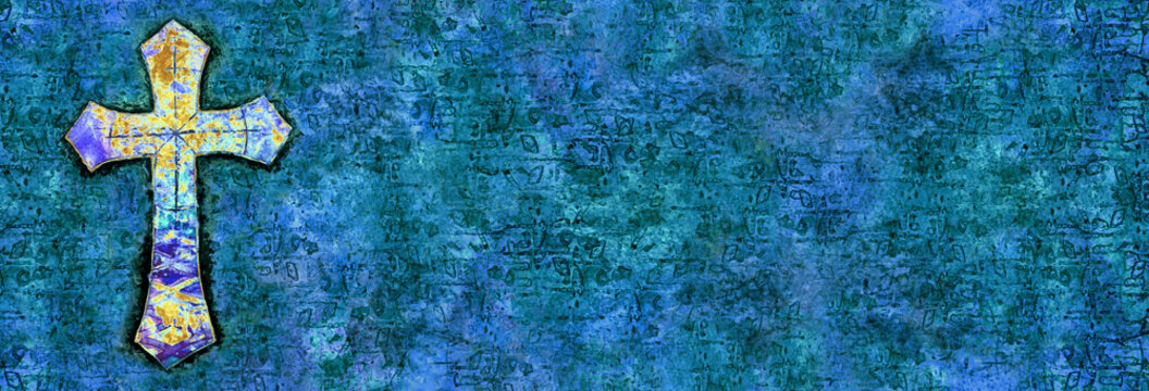 Extra Wide Paint & Ink Bright Cross On Blue / Blue Green With Printmaking Texture With Copy Space