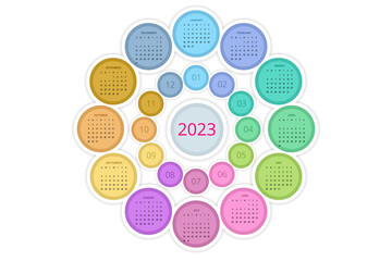 Round Calendar Planner for 2023. Calendar template for 2022. Stationery Design Print Template. Week Starts on Sunday. - obrazy, fototapety, plakaty