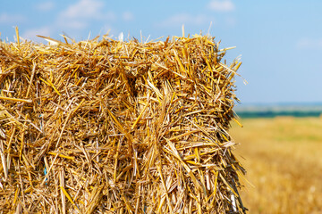 Haystack on a background of deep sky with clouds. Harvesting.