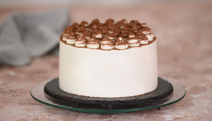 Tiramisu cake sprinkled with cocoa powder. Traditional italian dessert tiramisu.