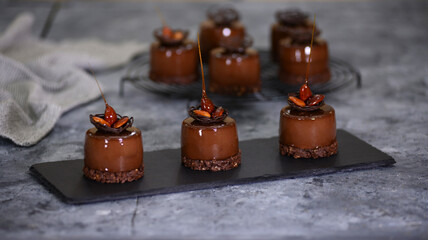 Mini mousse pastry dessert covered with chocolate glaze. Modern european cake. French cuisine