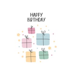 Happy birthday. cartoon gift boxes, hand drawing lettering with decorative elements. Colorful holiday illustration. flat style, typographic font, doodle phrase. happy Birthday. Design for greeting car