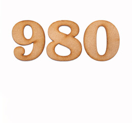 Number 980 in wood, isolated on white background