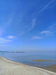 Obraz premium Summer landscape, beach of Peraia in Thessaloniki, Greece. Blue sea and sky. 