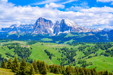 Fototapeta na wymiar Seiser Alm or Alpe di Siusi - beautiful mountain scenery at Dolomites Alps - Trentino Alto Adige, South Tyrol, Italy - travel destination in Europe