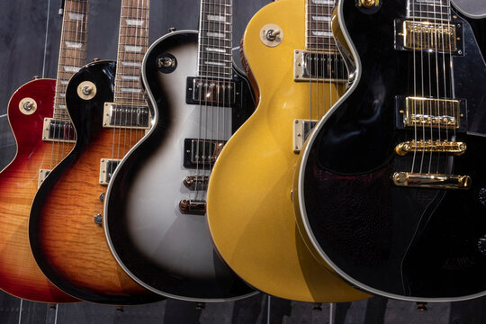 Les Paul type electric guitar display. Electric guitars have been part of the music scene since the 50s.