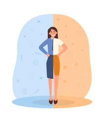 Life and work balance concept. Female entrepreneur in office suit on left and in yoga and fitness tracksuit on right. Two components of life. Business and routine. Cartoon flat vector illustration