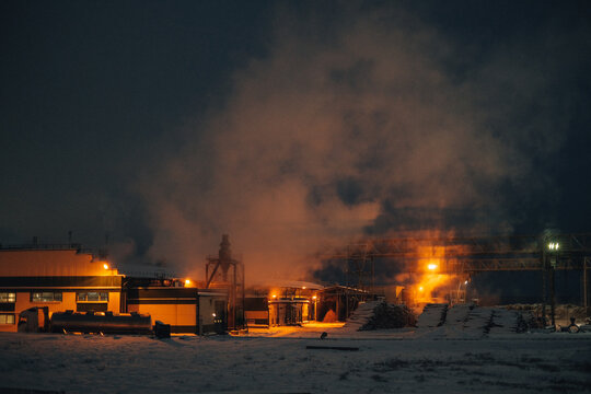 Winter morning at a woodworking plant