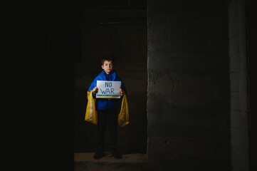 Upset Ukrainian poor toddler boy kid homeless protesting war conflict raises banner with...