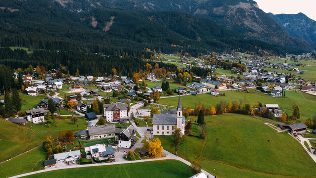 Aerial autumn view of Gosau village in  the Austrian Alps, Austria