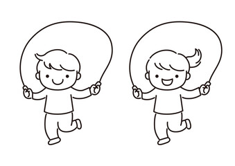Illustrations of children playing with fun skipping rope Black and white   楽しくなわとびで遊ぶ子供たちのイラスト　白黒