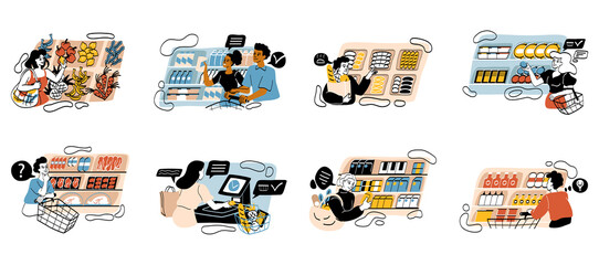 Set of people choosing food in grocery shop