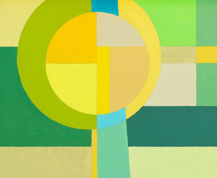 An abstract painting, with geometric elements.