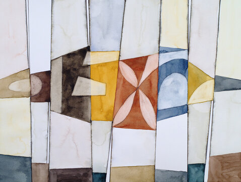An abstract watercolor painting with blocks of color.