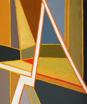 An abstract painting with a suggestion of an interior.
