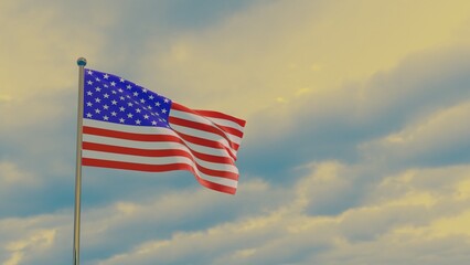 US flag is American in the wind against the background of a dramatic sunset sky. 3d render