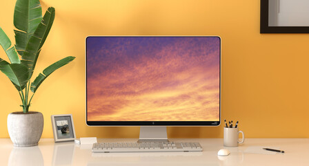 mockup avec bureau et ordinateur thème nature - rendu 3D - Images du cadre et du fond d'écran faites par moi-même.