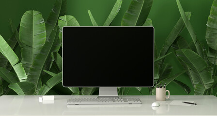 mockup avec bureau et ordinateur thème nature - rendu 3D