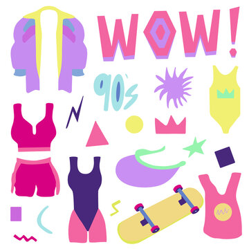 Colorful and bright 90s vector illustrations set. Vintage stuff, old retro fashion. Wow 90s