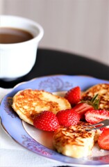closeup breakfast with coffee pancakes and strawberry food dessert tasty sweet pastry bakery cake red berry yummy breakfast morning caffeine espresso latte cappuccino meal plate fork drinks beverage