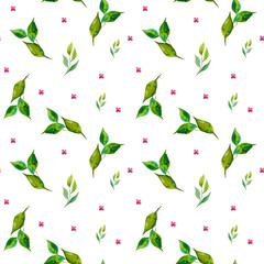 Watercolor seamless floral colorful pattern on a white background
Design of fabric, textile, wallpaper, gift and wrapping paper, card design
Modern plants.
green leafs with  little Pink flowers