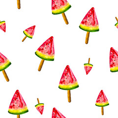 Fototapeta na wymiar Hand drawn watermelon realistic illustration isolated on white background.Watercolor summer seamless pattern with popsicles, watermelon on a stick. for desserts for menu, textile, packaging design
