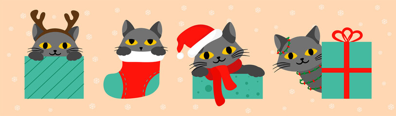 Set of Christmas cats. Stickers with cute kittens with gifts, Santa Claus hats, Christmas decorations and snowfall. Design for postcards. Cartoon flat vector collection isolated on beige background