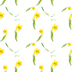 Spring yellow flowers with green leaves. Watercolor pattern botanical illustration for print, textile, bed linen