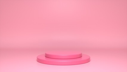 Pink glossy podium, pedestal on pink background. Blank showcase mockup with empty round stage. Abstract geometry shape background. Stage for advertising product display with copy space. 3d render