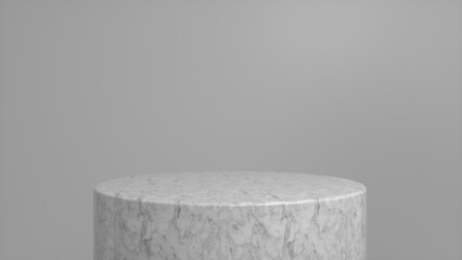 Marble glossy podium, pedestal on grey background. Blank showcase mockup with empty round stage. Abstract geometry background. Stage for advertising product display with copy space. 3d render