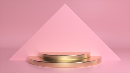 Golden podium on a pink abstract triangular background. Blank showcase mockup with empty round stage. Abstract geometry background. Stage for advertising product display with copy space. 3d render