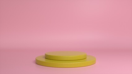 Yellow podium and minimal abstract pink background. Blank showcase mockup with empty round stage. Abstract geometry shape background. Stage for advertising product display with copy space. 3d render